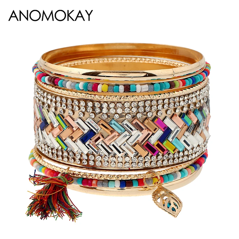 

Bohemia Style Multicolor Crystal Cuff Bangles Gold Color Women Bangles Handmade Braid Rope Vintage Jewelry Pulseiras Femininas