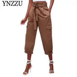 YNZZU Высокая талия брюки с рюкзаком для женщин 2019 Новинка весны повседневное дамские шаровары свободные карманы мотобрюки с поясами YB316