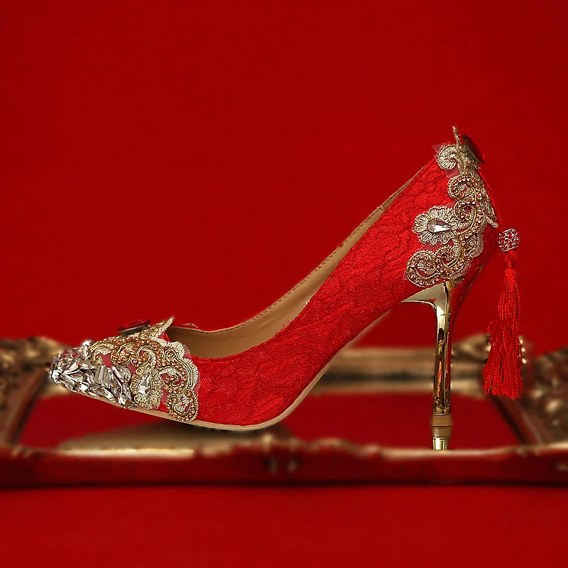 Women Wedding Shoes Red High Heels Crystal Bridal Pumps Gold