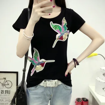 

Women Cotton T-shirt Tops 2017 New Fashion Flying Brids Sequined Embroidery Long Sleeve T Shirt Slim Female Basic T-shirt Tees