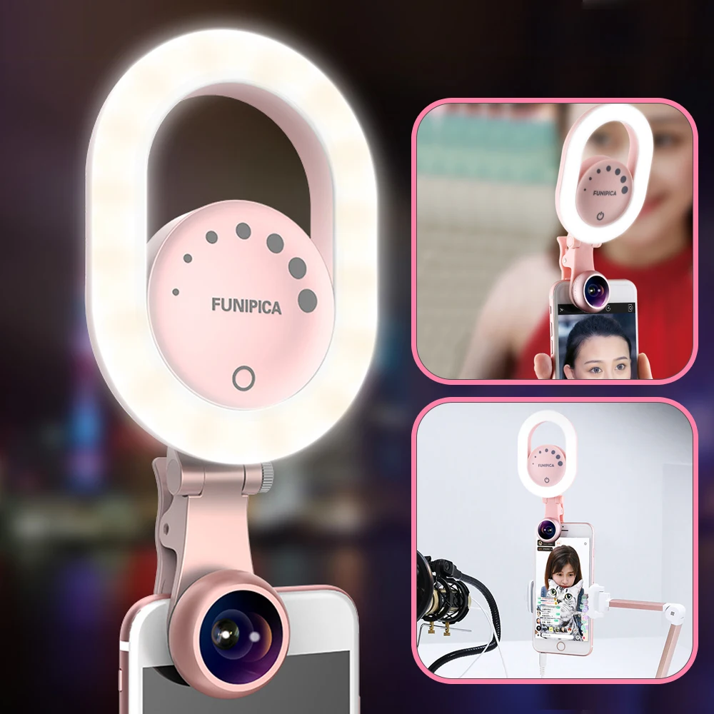 Pop LED Selfie Light with Wide Angle Lens Clip on Rechargeable LED Ring