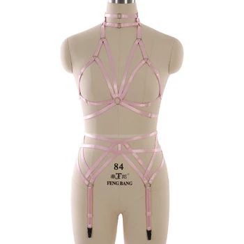 

Pink Full Body Harness Set for Women Underwear Strap Adjust Lingerie Goth Harajuku Sexy Hollow Out Cage Bra Club Dance Rave Wear