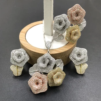 

Lanyika Jewelry Set Super Luxury Stereo Wintersweet Full Zircon Plated Necklace with Earrings and Ring Anniversary Trendy Gifts