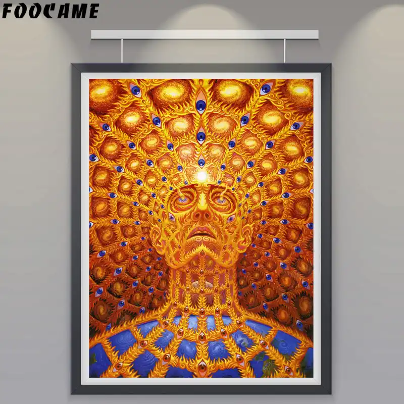 Foocame Trippy Alex Grey Psychedelic Poster Wall Art Print Silk Decoration Bedroom Painting Abstract Pictures Living Room