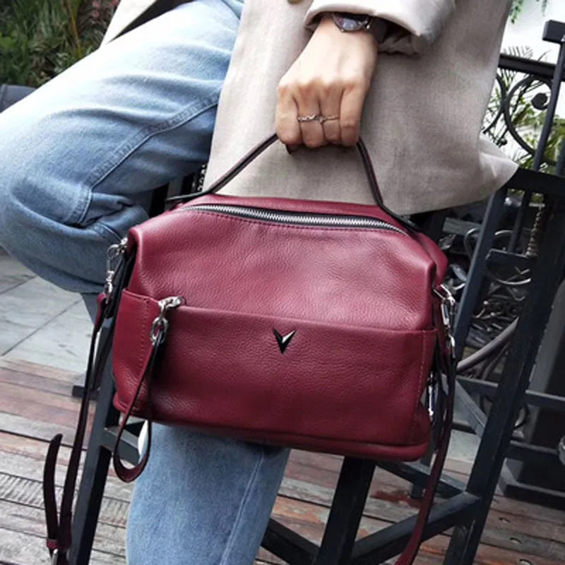 Первый слой из воловьей кожи женские сумки подушка в стиле ретро Женская сумка через плечо большая однотонная Повседневная сумка через плечо - Цвет: Бургундия