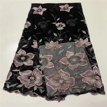

2019 high quality French Nigerian Beaded net lace fabric,African tulle mesh black/pink lace fabric for party dress 5yards/lot