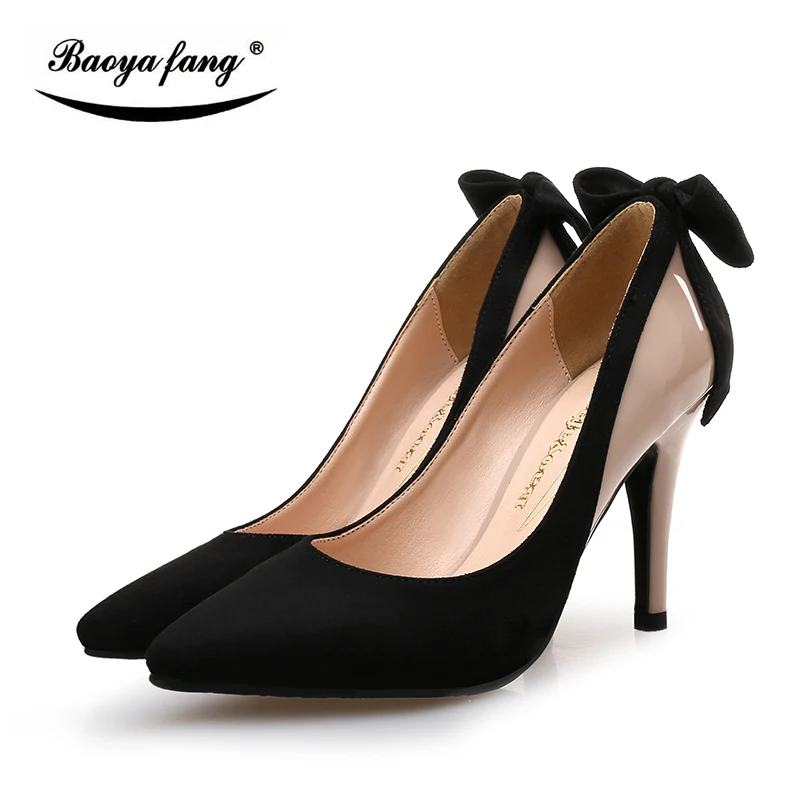 

BaoYaFang New Thin Heel Ladies Pumps Pointed Toe women wedding shoes Bride Fashion shoes female office shoe black/Red sole