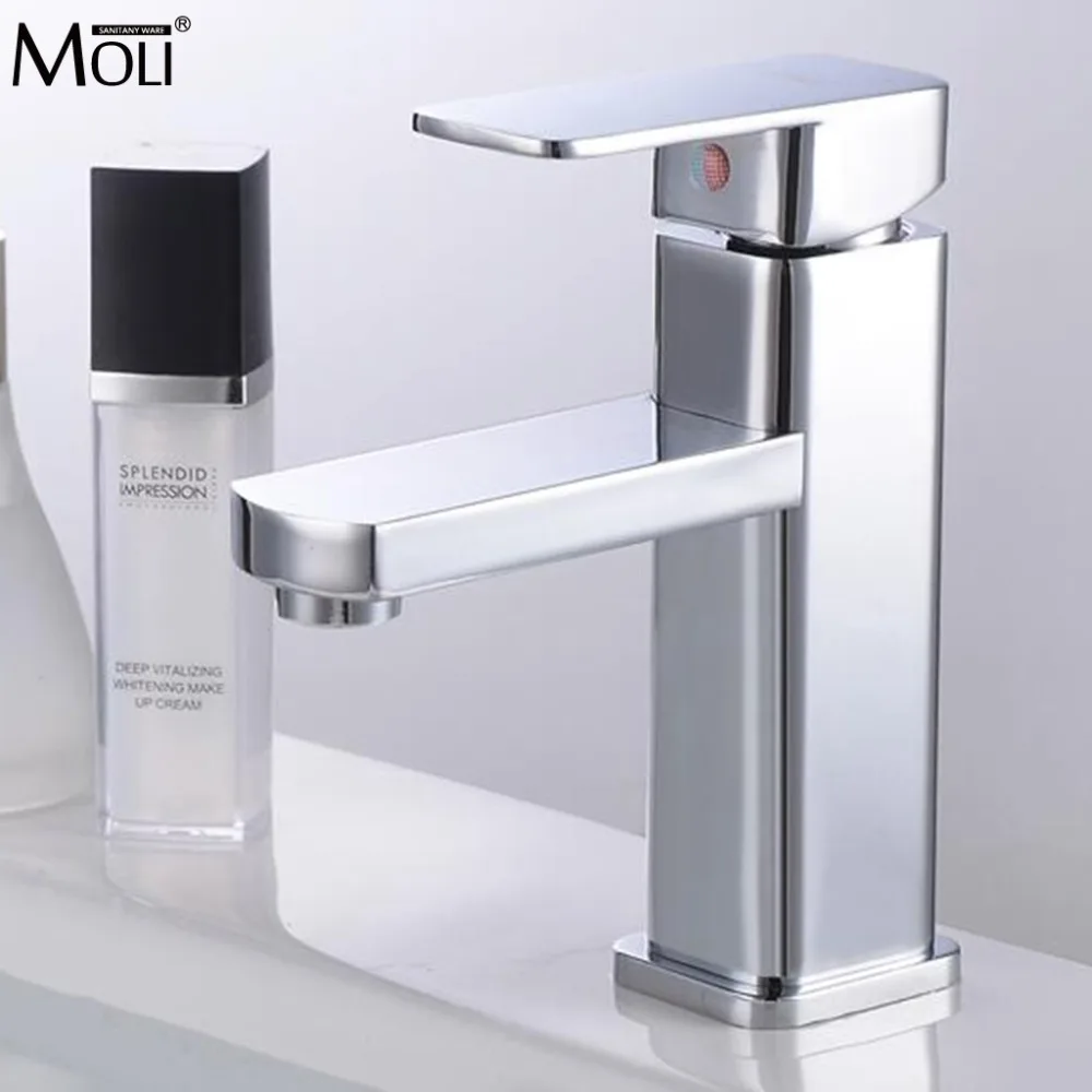

Square Bathroom Sink Faucet Hot and Cold Water Mixer Crane Chrome Copper Basin Sink Faucets Single Handle Single Hole ML701