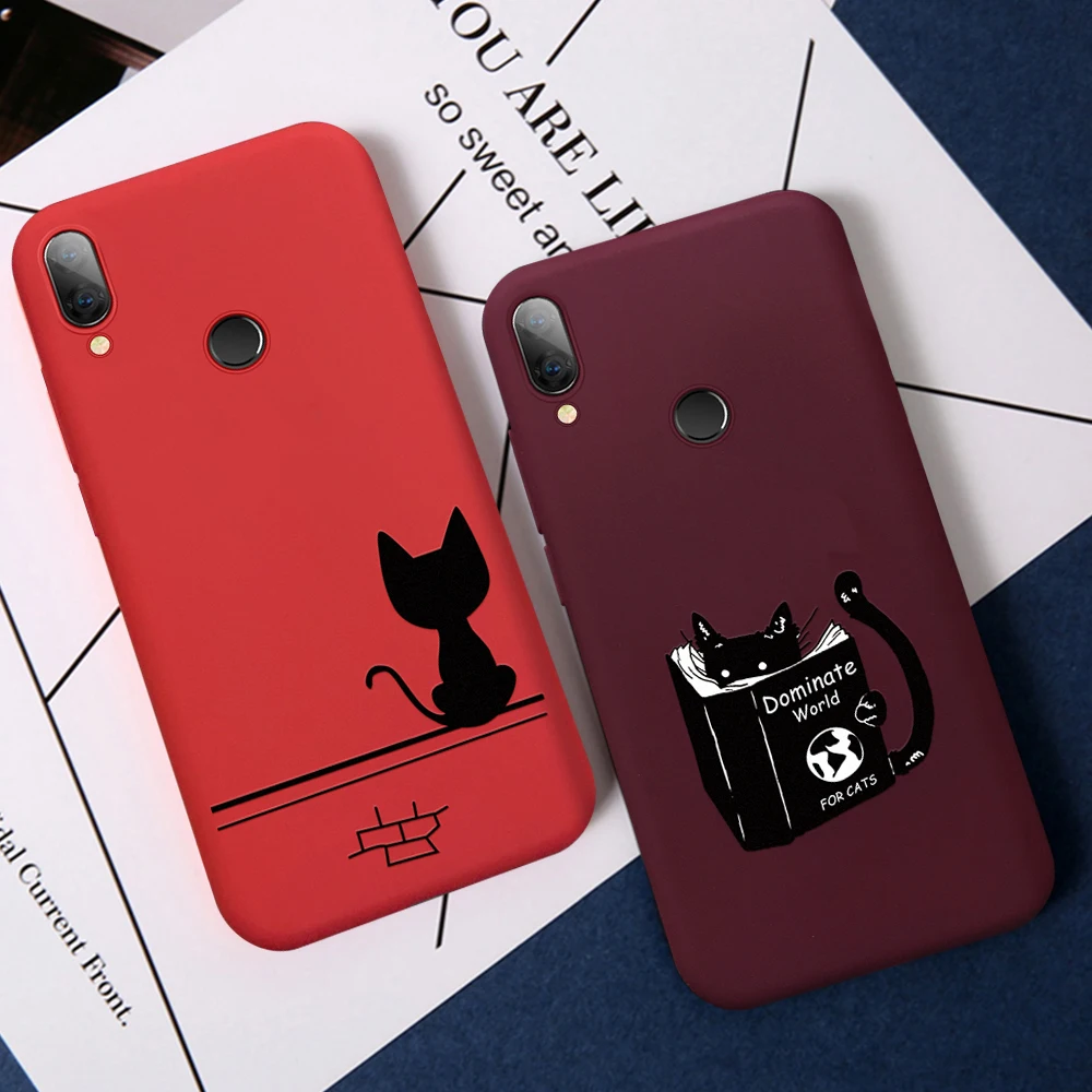 Phone case For Huawei Nova 5i 3E 4E P20 P10 P30 Lite Pro 2019 Claret Red Cartoon Love Heart Cat Pattern Silicone Back cover |