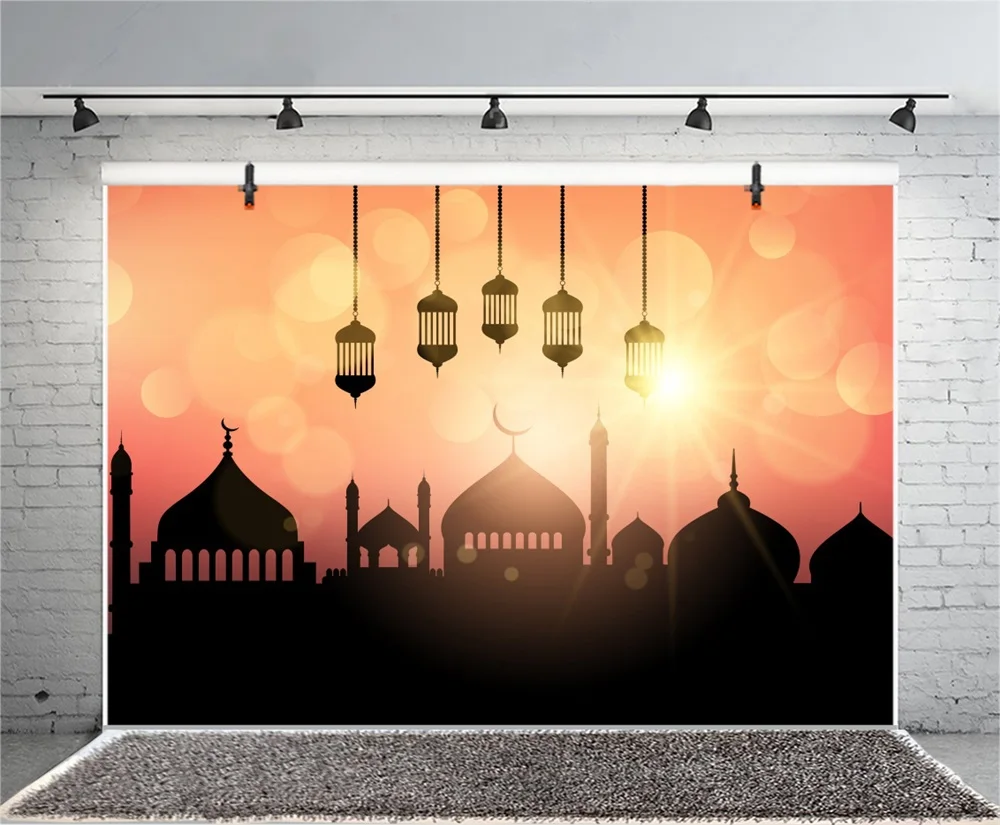 Laeacco Eid Crescent Moon Mosque Mubarak Light Bokeh Photography Background Customized Photographic Backdrops For Photo Studio