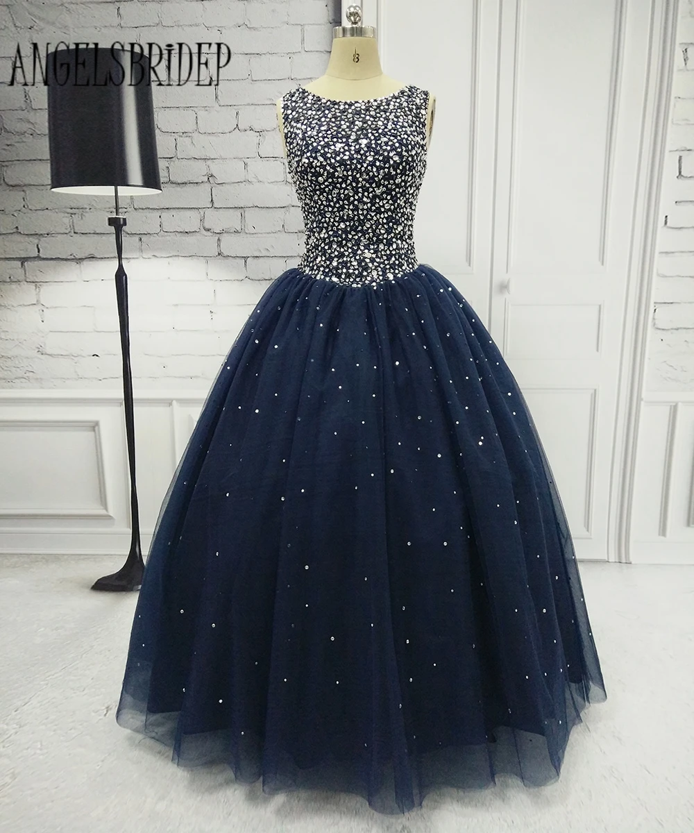 

ANGELSBRIDEP Navy Blue Quinceanera Dresses for 15 years Backless Beaded Tulle Ball Gown Vestidos De 15 Anos Formal Party Gown