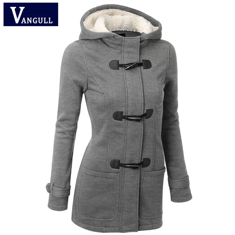 Koop Lente   Herfst Mode vrouwen Kleding Silm Hooded Vrouwen Geul Effen Hoorn Gesp Knop Jassen Lange Mouwen Dikke Bovenkleding