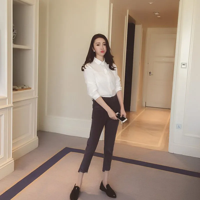 Ahmagen New 2017 Autumn Fashion Peter Pan Collar Women Blouses Slim White Shirt Elegant Solid Ladies Tops Plus Size Blouse