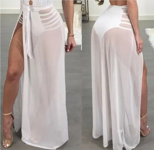 Women High Waist Mesh Skirts Empire See Through Sheer Side Split Skirt Solid Transparent Chiffon Maxi Long Skirt Summer 2019