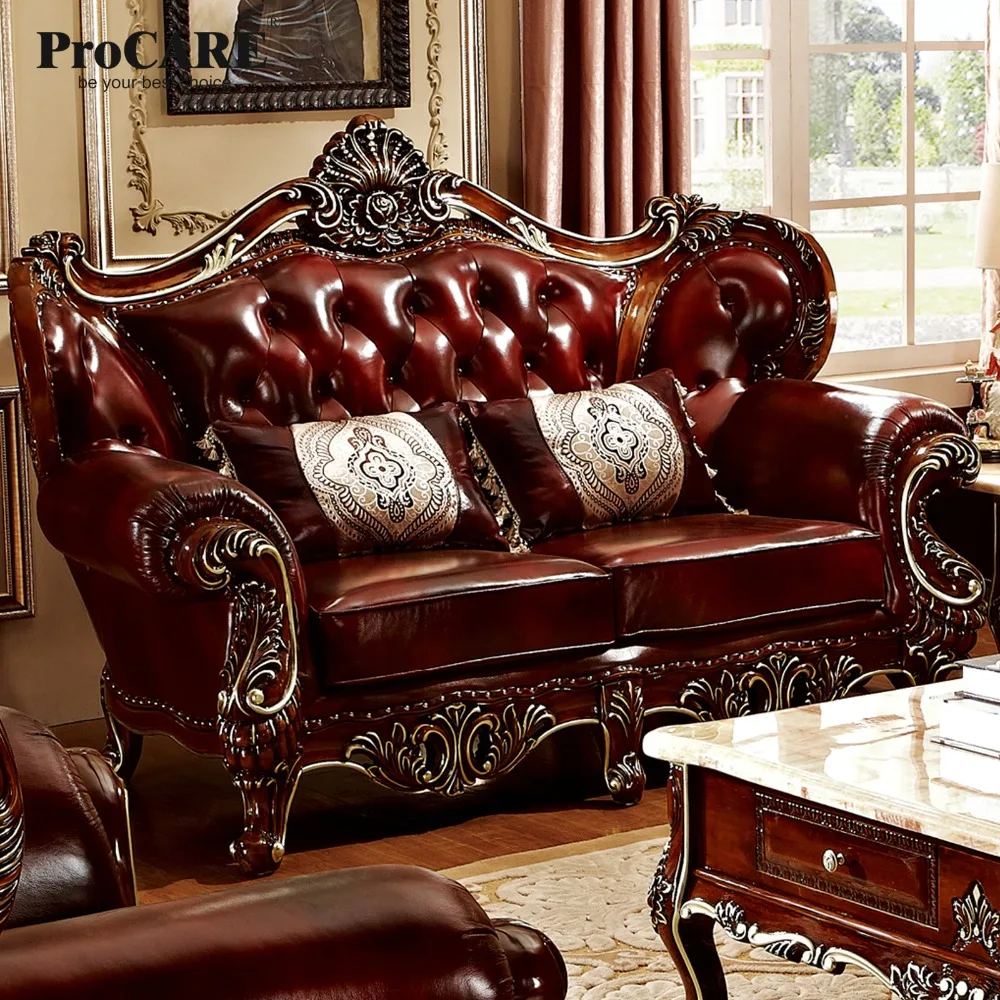 Роскошные 3 различных наборов красный твердой древесины натуральная кожа набор диванов мебель для гостиной с журнальный столик в China-PRF6801/05 08