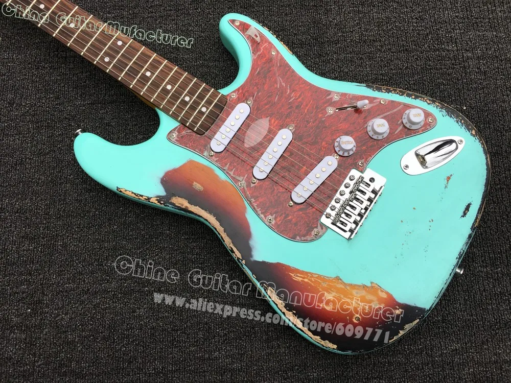 Высокое качество Strat Relic Daphne Blue/sunburst 60 летняя электрогитара тяжелая состаренная