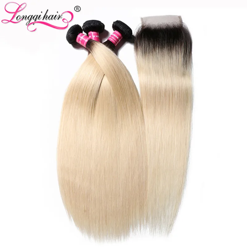 Longqi T1b/613 светлые пучки с закрытием прямые бразильские косички бесплатная часть