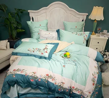 

60S European Flower Embroidery Long-staple Cotton 4/6pcs Romantic Fresh Green Blue Bedding