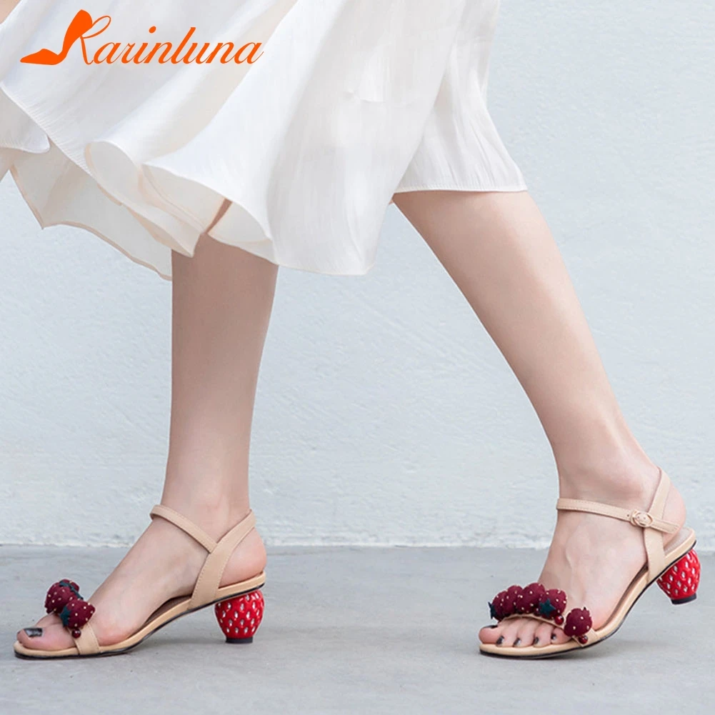 

KARINLUNA New Fashion women's Genuine Cow Leather Ladies Sweet Strawberry Heels Shoes Woman Casual Party Summer Sandals 2019