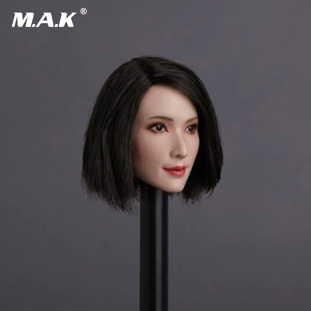 

3 styles 1/6 Scale Asia Star Black Short Hair Beautiful Head Carving Model Fit 12" Female pale Color Action Figure Doll Body