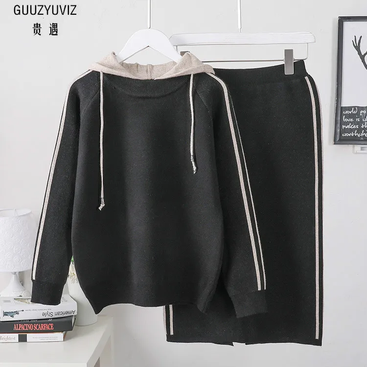 

GUUZYUVIZ New Knitted Two Piece Set Women Casual Split Elastic Waist Skirt And Hooded Sweater Tops 2018 Autumn Winter Women Set
