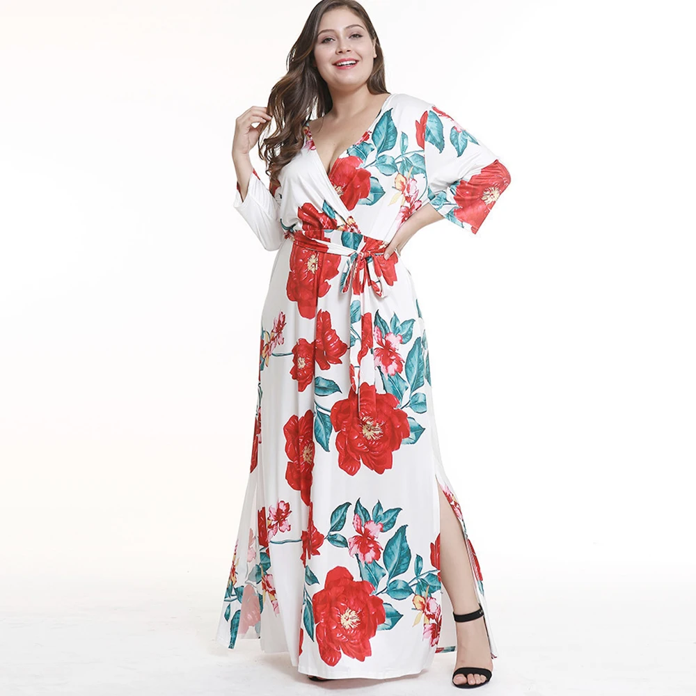 Women Large Sizes 3XL Sexy Long Dress Floral Print Side Split Lace Up Autumn V Neck New Fashion