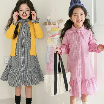 

little girls pink dress black long plaid shirts 2018 fall girl dresses kids mermaid school teenage children clothing autumn 2018