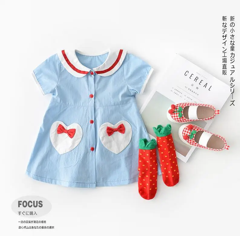 Dress Ползунки для новорожденных девочек, близнецы, сестра одежда, платье для малышей, летнее милое платье для маленьких сестер, темно-синее Хлопковое платье с карманами и бантом - Цвет: Dress