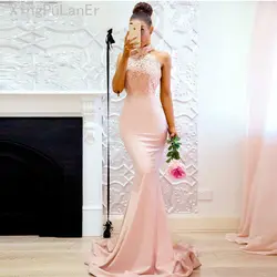 Русалка прекрасная жемчужина розовый кружево Подружка невесты платье Аппликации Холтер с открытыми плечами пикантные длинное свадебное