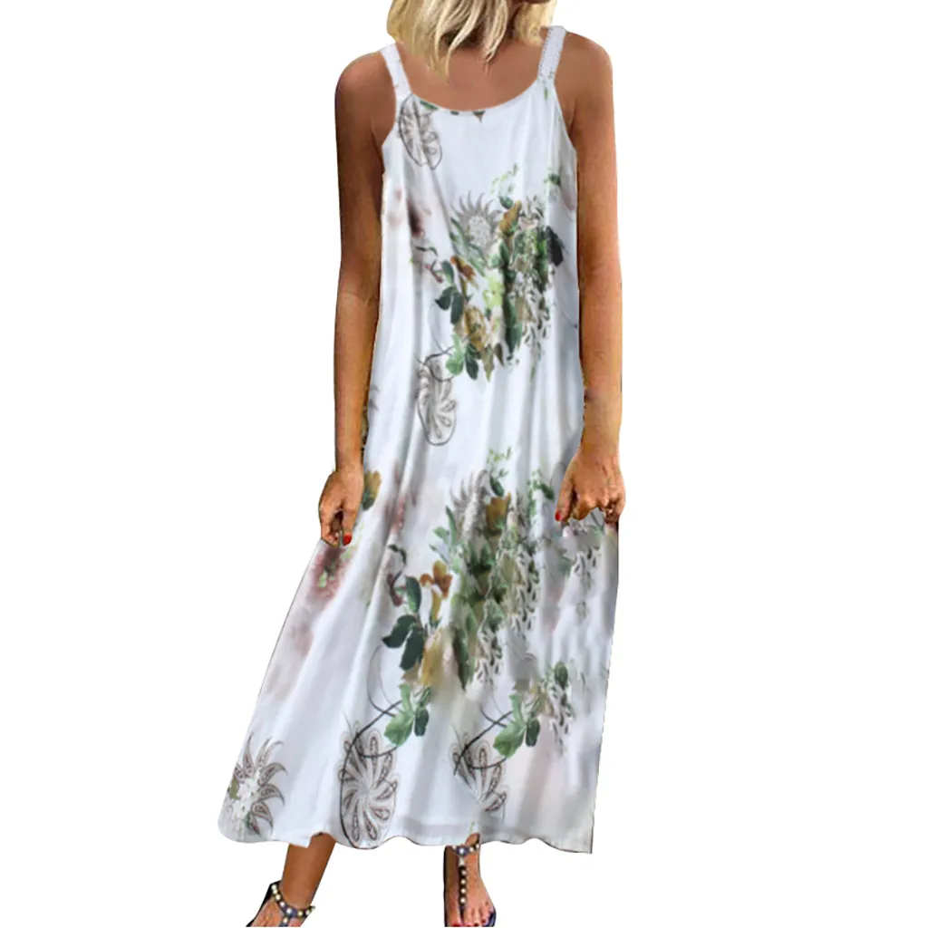 Женское пляжное платье, винтажное, без рукавов, с круглым вырезом, размера плюс, богемное, с цветочным принтом, макси платье, vestido branco de praia