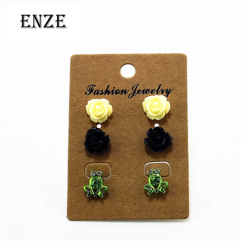 

ENZE new fashion 6 pairs / set of earrings mixed set plant flowers black yellow frog animal hundred matching accessories