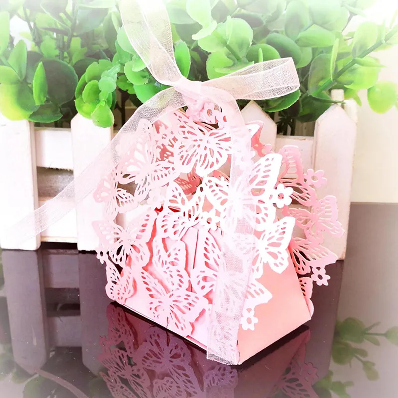 50/100 шт Бабочка лазер с вырезами драже конфеты в подарочной коробке свадебные декорации свадебный подарок Коробки торт шоколадный коробка с лентой - Цвет: pink hollow
