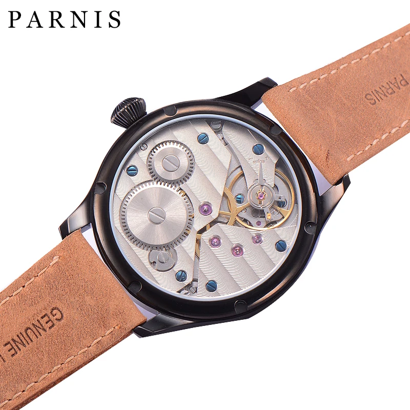 Parnis Mechanical Watch Men Hand Winding Black Case Leather Power Reserve Pilot Military Clock Wrist Watch Relogios Masculinos