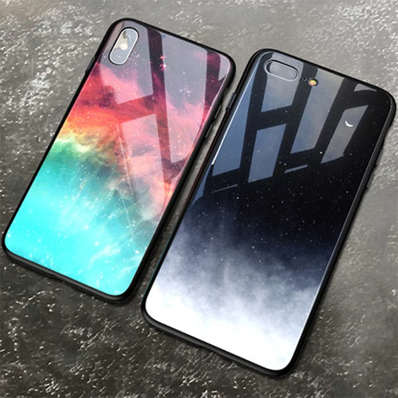 Funda para iPhone XS Max XR X 8 funda de silicona delgada trasera de vidrio templado cielo estrellado para iPhone 8 7 plus 6 6 s 8 Plus cubierta Capa Funda para iPhone XS Max XR X 8 funda de silicona delgada trasera de vidrio templado cielo estrellado para iPhone 8 7 plus 6 6 s 8 Plus cubierta Capa
