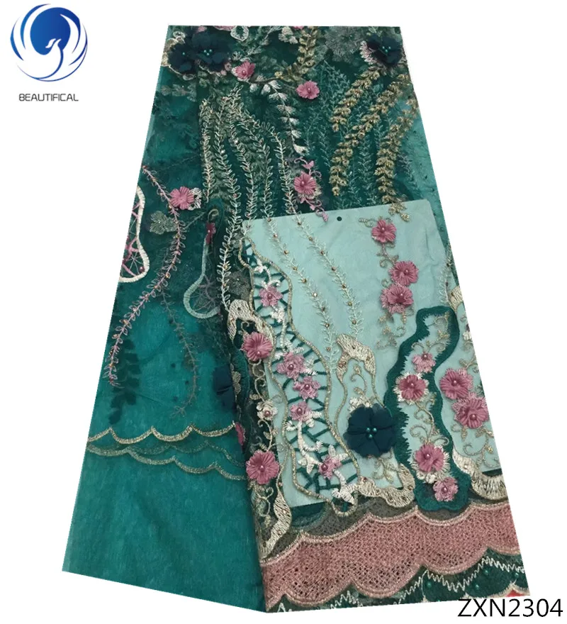 

BEAUTIFICAL 3d flower lace fabric 3d lace fabric beads bridal nigerian wedding 3d lace tulle 2018 selling green 5yards/lot ZXN23