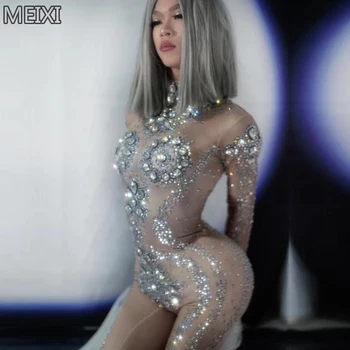 

Sexy mesh texture silver glass diamond rhinestone jumpsuit birthday party nightclub bar concert DJ singer/dancer costume