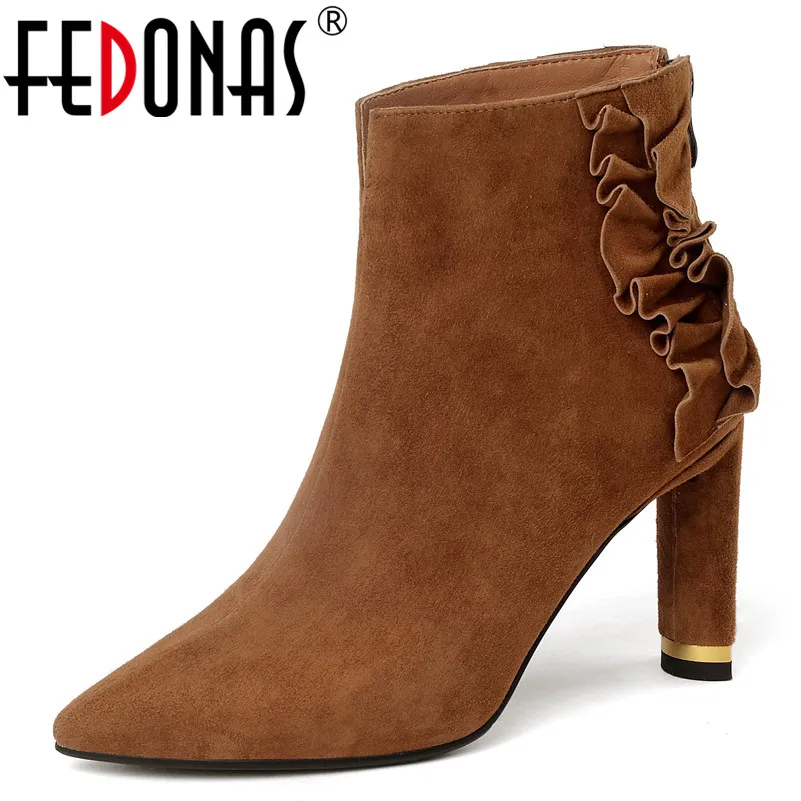 

FEDONAS New Women Ankle Boots Back Zipper Autumn Winter Short Boots Retro Ruffles Genuine Leather Office Pumps Basic Boots