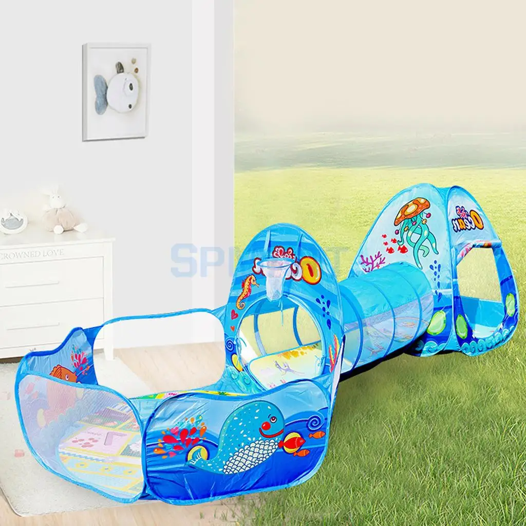 

Kids 3-in-1 Blue Sea Themed Playhouse with Pop Up Tent, Tunnel, and Basketball Pit for Indoor Outdoor Play