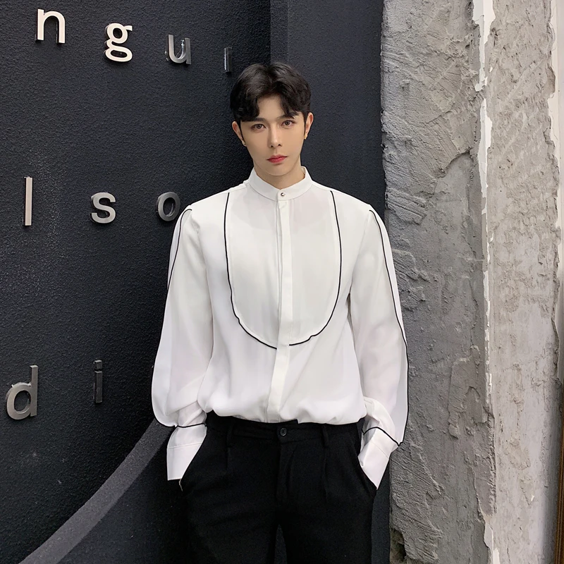 

2019 Spring New Men Stand Collar Casual Long Sleeve Shirts Male Black White Party Dress Shirts