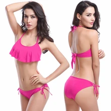 2016 Flounced Top Halters Removable Push up Bikinis set Biquini Bathing Suit Women Beach Plus Size