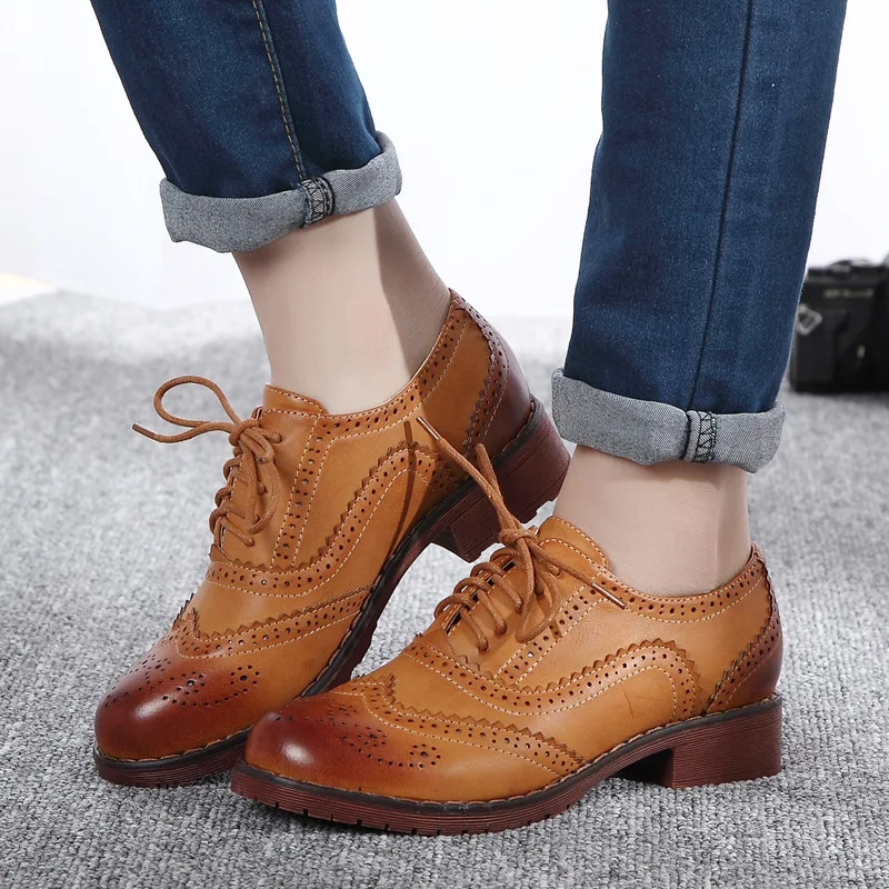 Vintage oxford shoes for women leather platform ladies brogues women flats brand shoes woman
