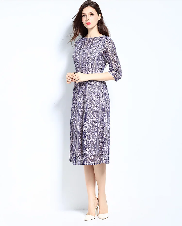 Blue Purple Color Chiffon Lace Dress Summer Dress Women 3/4 Sleeve Elegant High-waist Slim Dress 5XL Plus Size Vestidos