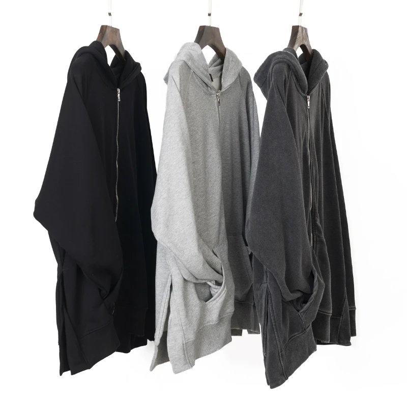 

Heavy Washed Cotton Hoodie Hip Hop Side Slits Styling Full Zip Sweatshirt