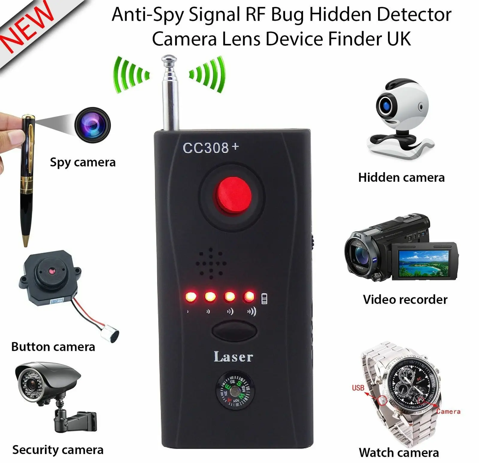 Hidden Camera GSM Audio Bug Detector Anti Spy Finder GPS Signal Lens RF Tracker