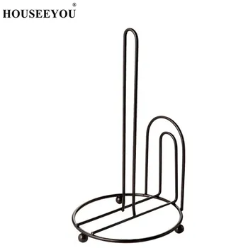 

HOUSEEYOU Kitchen Table Stand Roll Paper Towel Holder Rack Tissue Boxes Dispenser Shelf Hook Black Iron Home Storage Accessories