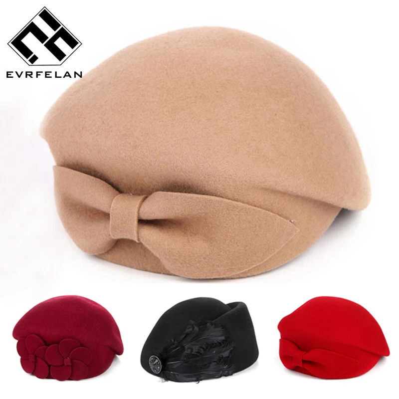 

2019 New Fashion Brand Winter Beret Hat For Women Beret Hat Female Beanie Cap Flower French Trilby Wool Soft Stewardess Hat