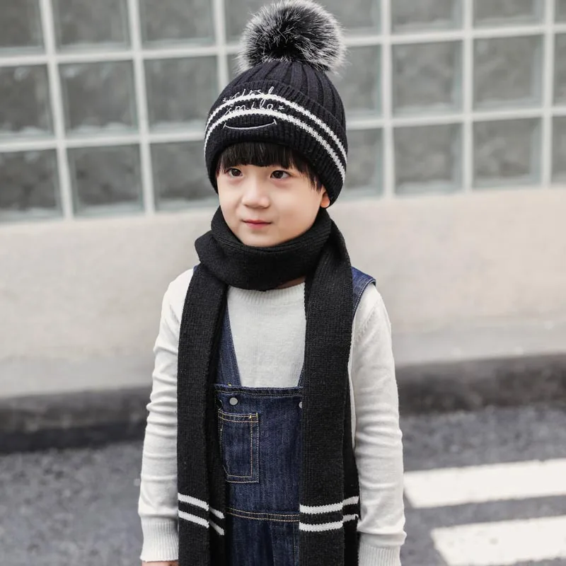Новая модная детская шапка, шарф, комплект из 2 предметов, зимняя теплая вязаная шапочка для мальчиков и девочек, детская мягкая шапка, шарфы для малышей - Цвет: black