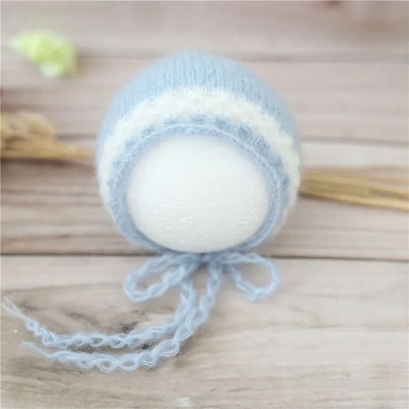 

Sky Blue Knit Bonnet Mohair Baby Hat Vintage Crochet Bonnet Newborn Gift Photo Shoot Props