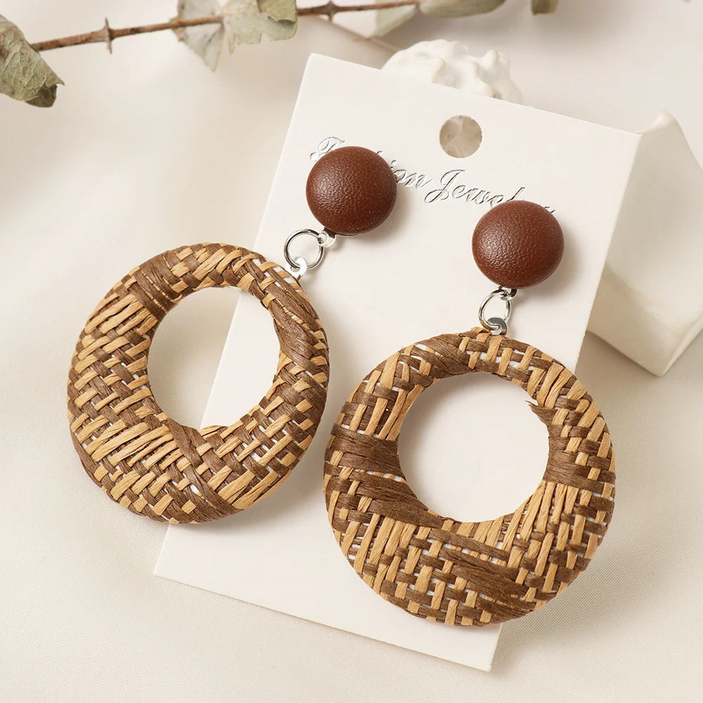 1Pair Handmade Bohemian Wooden Rattan Wicker Straw Pendientes Long Statement Earrings Wooden Round Drop Earrings Jewelry Gift