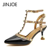 JINJOE Sexy shoes Woman Summer Buckle Strap Rivet Sandals High-heeled shoes Pointed toe Fashion fashion Single High heel 6.5cm new europe popular street beat rivet shoes high heeled catwalk sexy rome ankle buckle strap pu heel 12cm woman pumps 6368w